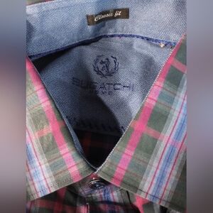 Bugatchi Green and Pink Plaid Dress Shirt